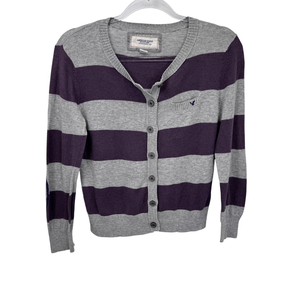 Vintage Y2K AEO Striped Cardigan Sweater Women's M Purple Gray Elbow Patch‎